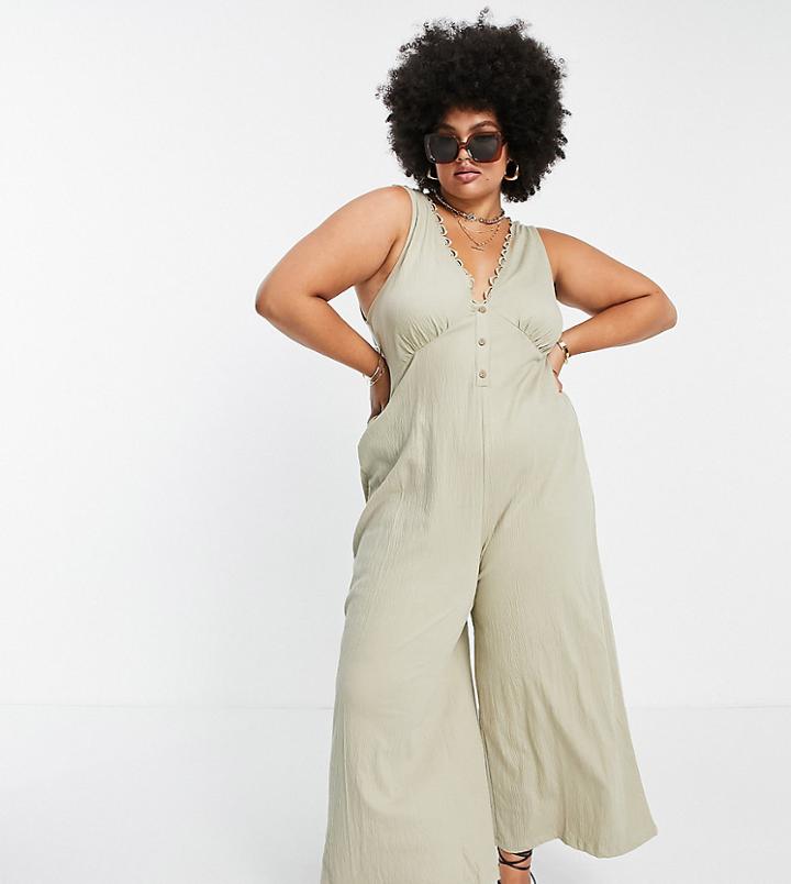 Asos Design Curve Button Front Lace Trim Swing Jumpsuit In Khaki-green