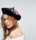 My Accessories Black Beret With Floral Emboidered Patches - Black