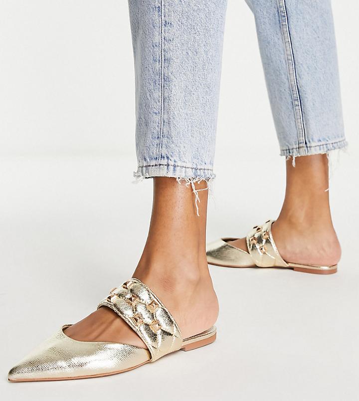 Asos Design Wide Fit Leah Studded Point Ballet Mules In Gold Metallic