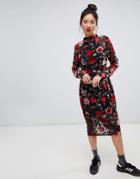 Daisy Street High Neck Floral Midi Dress In Velvet - Multi