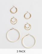 Asos Design Pack Of 3 Hoop Earrings With Double Row And Engraved Details In Gold Tone