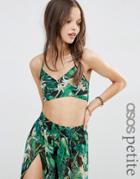 Asos Petite Bright Bamboo Palm Print Wrap Beach Crop Top Co- Ords - Multi