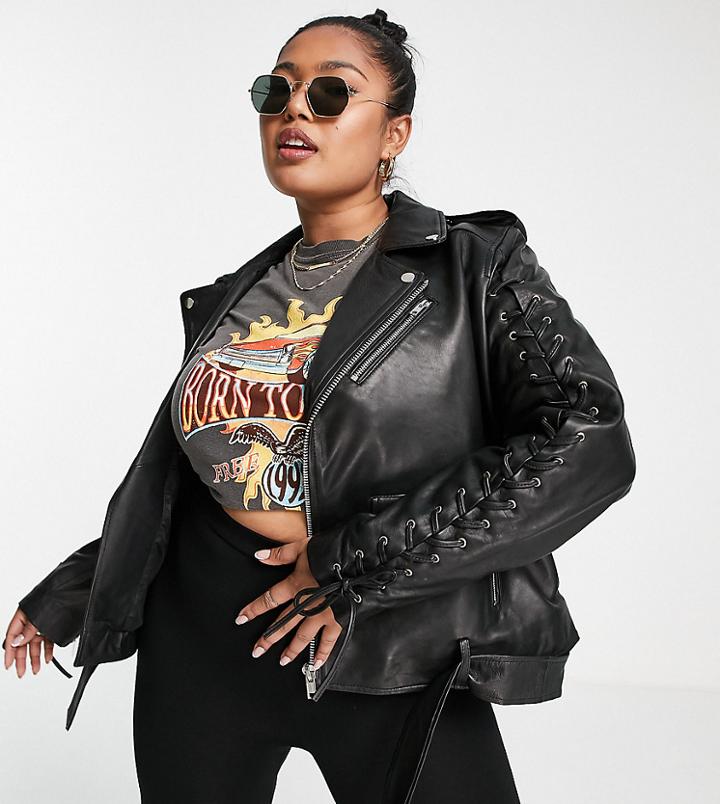 Barney's Originals Plus Real Leather Lace Sleeve Leather Moto Jacket-black