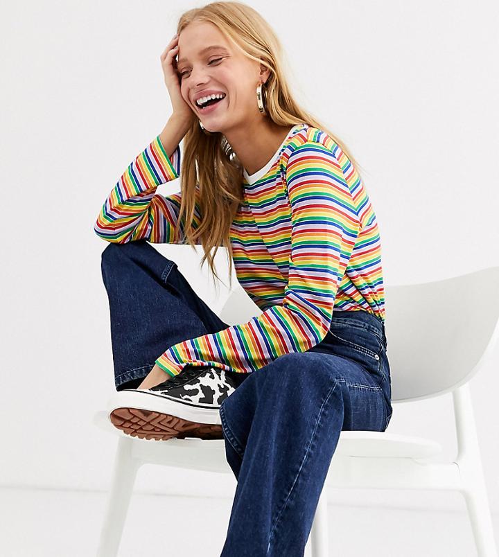 Monki Rainbow Stripe Long Sleeve T-shirt In Multi