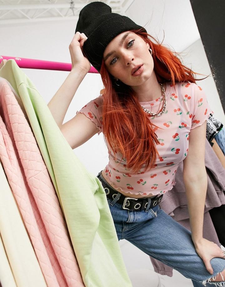 Asos Design Mesh Crew Neck Short Sleeve Top In Cherry-pink