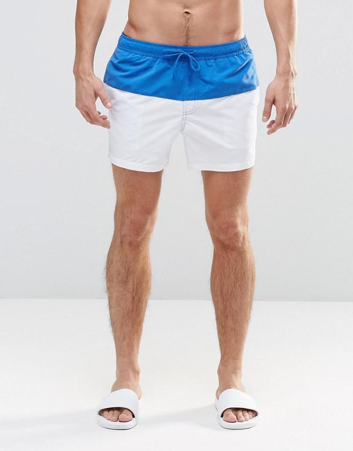 Asos Short Length Swim Shorts In White With Blue Panel - Blue