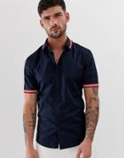 Asos Design Skinny Fit Shirt With Rib Collar & Cuffs-navy