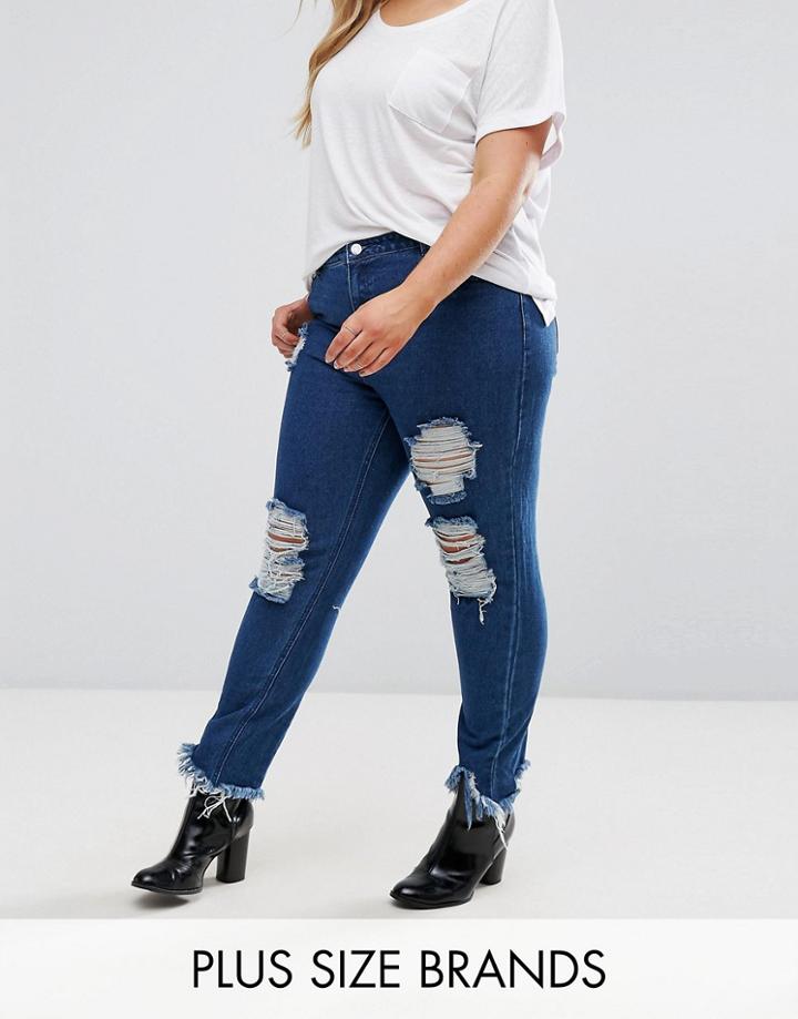 Missguided Plus Frayed Hem Distressed Detail Denim Jeans - Blue