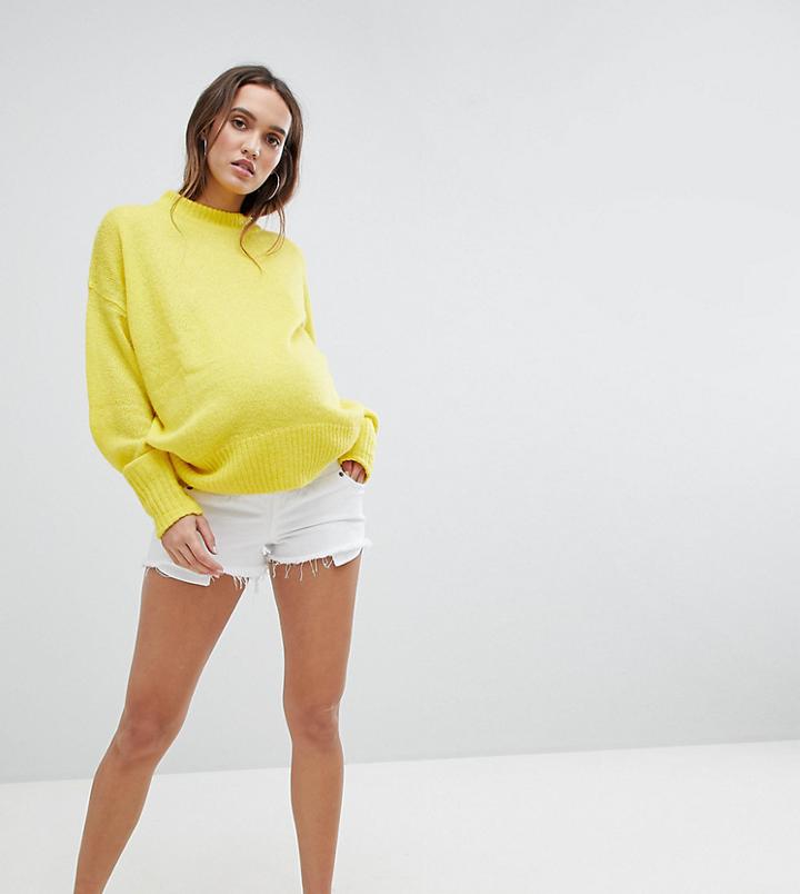 Asos Design Maternity Denim Mid Rise Short With Raw Hem In White - White
