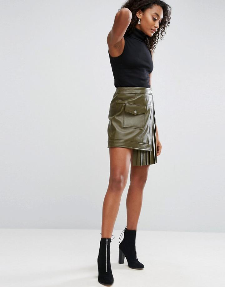 Asos Leather Skirt With Pleated Sides - Green