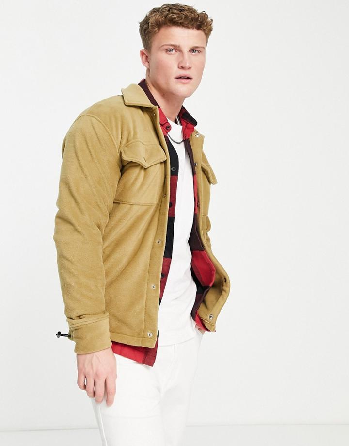 Selected Homme Fleece Shacket In Tan-brown