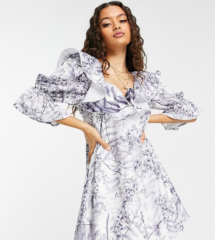 In The Style Petite X Lorna Luxe Ruffled Sweetheart Neckline Mini Dress With Puff Sleeve In Mono-multi