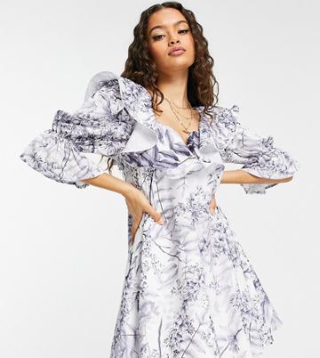 In The Style Petite X Lorna Luxe Ruffled Sweetheart Neckline Mini Dress With Puff Sleeve In Mono-multi