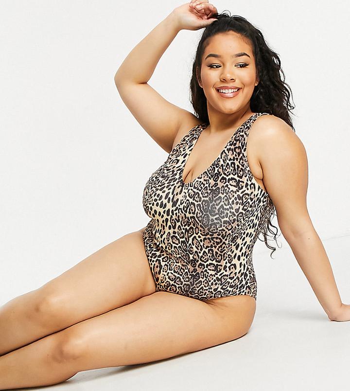Asos Design Curve Rib Plunge Swimsuit In Leopard Print-multi