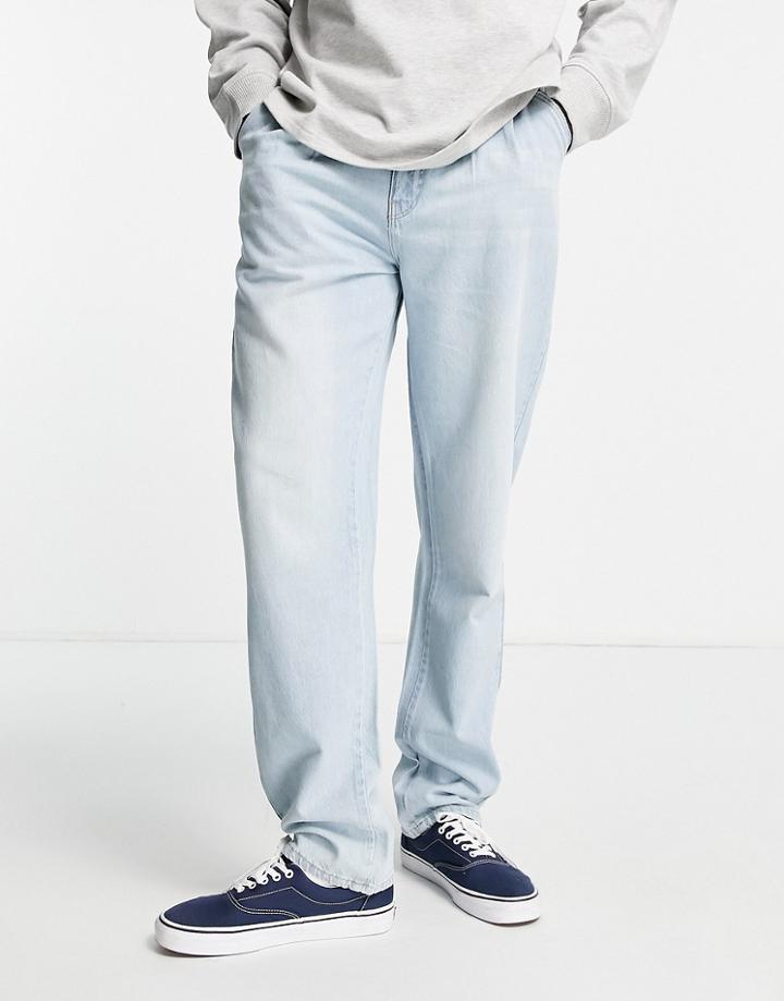 Asos Design Straight Leg Pleated Jeans In Light Wash Blue-blues