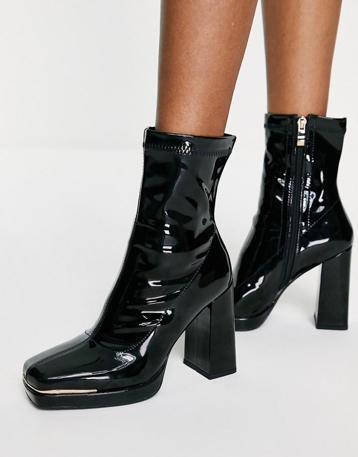 Simmi London Platform Heeled Boots In Black Patent