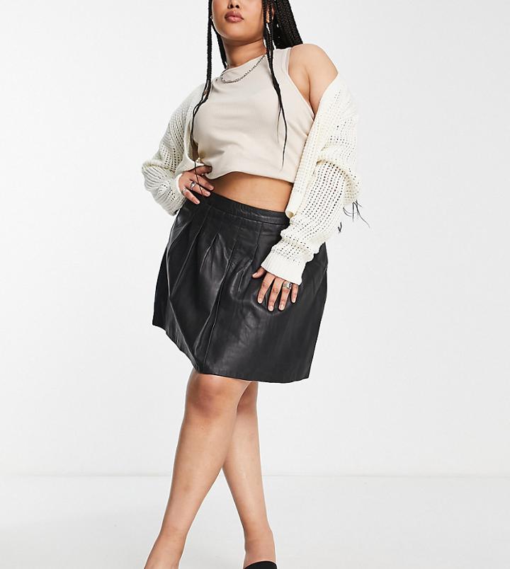 Barney's Originals Plus Real Leather Pleated Mini Tennis Skirt-black