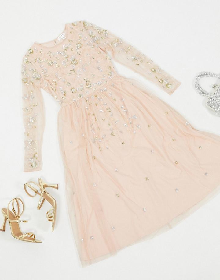 Frock & Frill Embellished Long Sleeve Midi Dress In Blush-pink