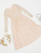 Frock & Frill Embellished Long Sleeve Midi Dress In Blush-pink