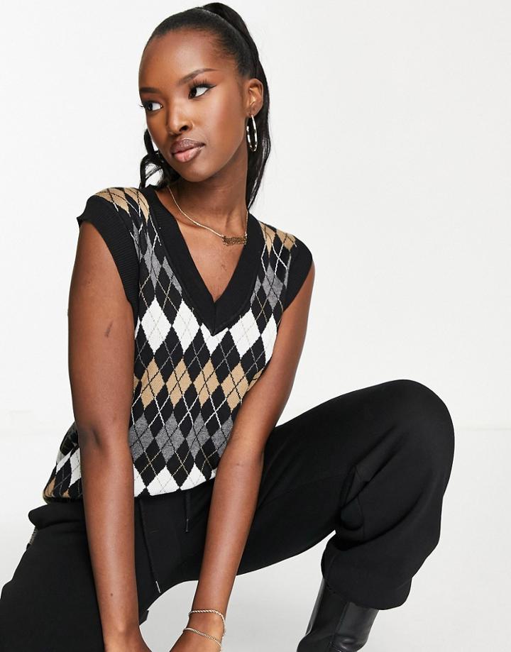 Qed London Knit Sweater Vest In Black Diamond Print-multi