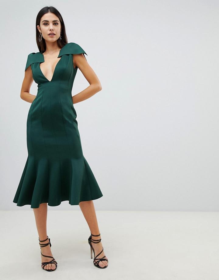 Asos Design Plunge Seam Detail Pephem Bodycon Midi Dress-green