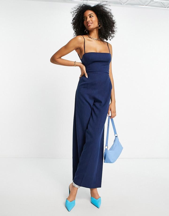 Asos Design Melange Suiting Strappy Back Wide Leg Jumpsuit In Navy