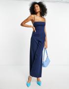 Asos Design Melange Suiting Strappy Back Wide Leg Jumpsuit In Navy