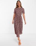 Asos Design Pleated Midi Dress With Short Sleeve In Purple Ditsy Floral-multi