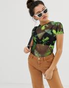 Daisy Street Fitted Top In Palm Print Mesh - Green