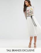 Frock And Frill Tall Premium Embroidered Floral Midi Skater Dress With Contrast Waist - White