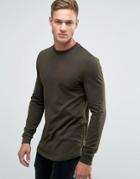 Asos Longline Muscle Fit Sweatshirt With Side Zip In Khaki - Green
