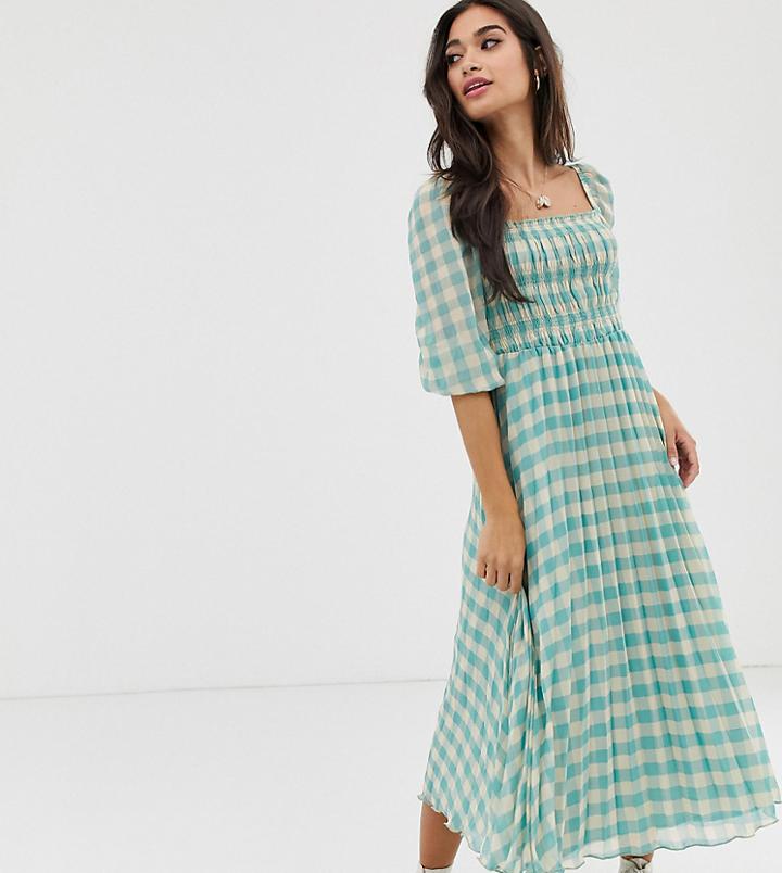 Asos Design Petite Shirred Pleated Midi Dress In Gingham Print - Multi