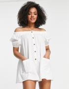 Asos Design Off-the-shoulder Button Up Swing Romper In White
