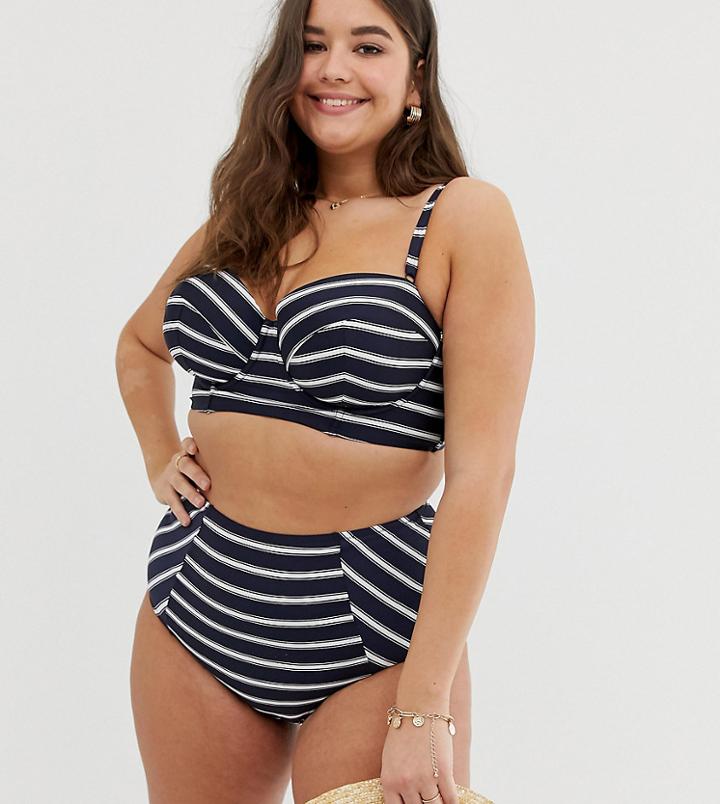 City Chic Curve Corfu Underwired Stripe Bandeau Bikini Top In Navy