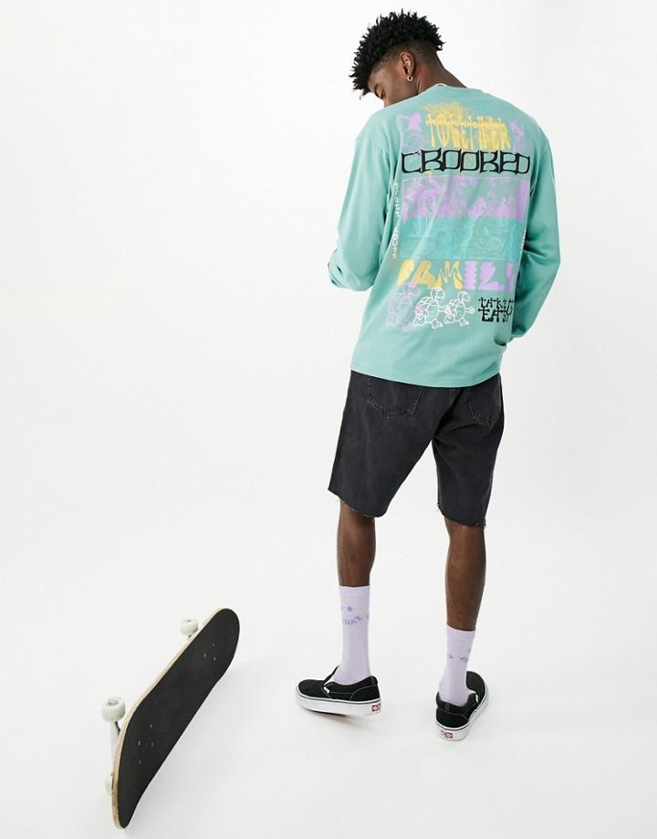 Crooked Tongues Long Sleeve T-shirt With Multi Prints In Teal-green