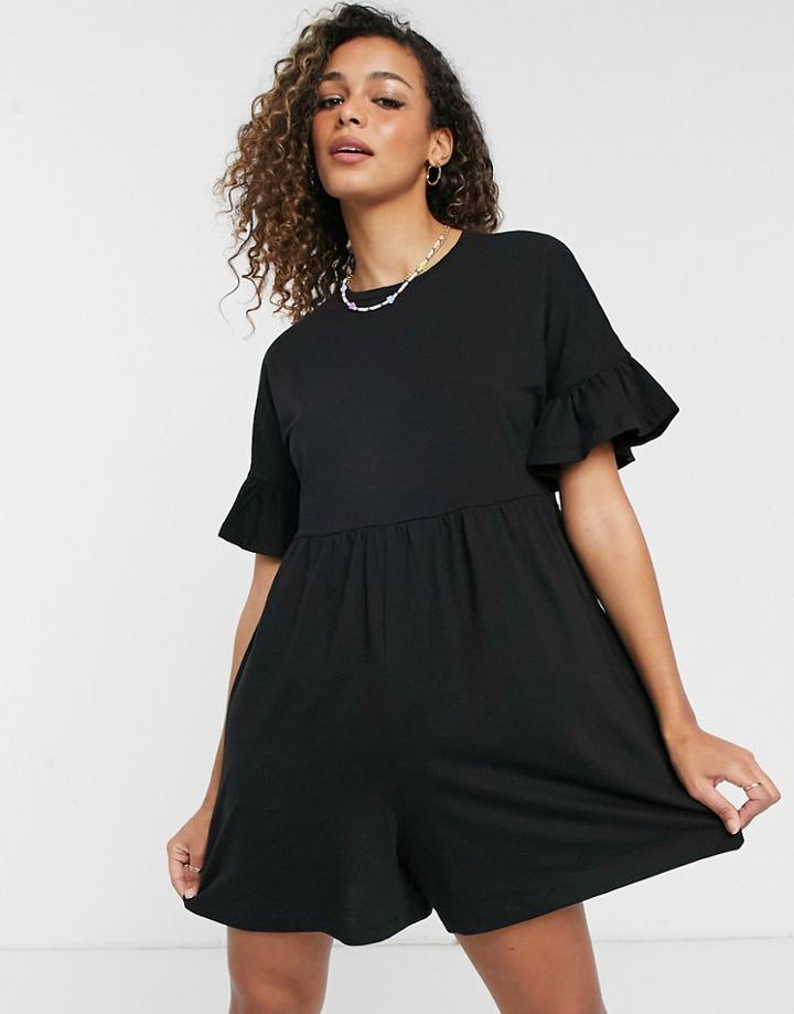 Asos Design Jersey Smock Romper With Ruffle Sleeve In Washed Black