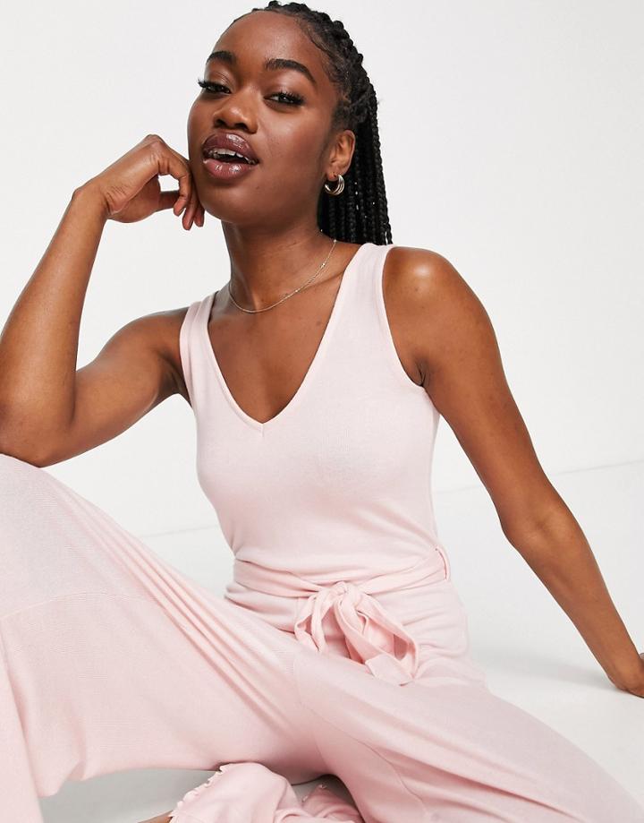 Asos Design Lounge Mix & Match Super Soft Waist Tie Jumpsuit With Lettuce Hem In Pink