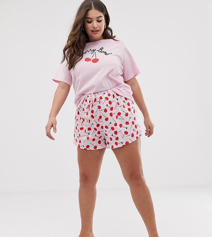 Asos Design Curve Mix & Match Cherry Pyjama Short In 100% Woven Modal - Multi