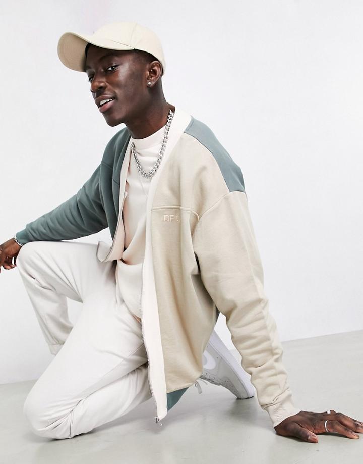 Asos Dark Future Oversized Zip Through Jersey Bomber Jacket In Tonal Color Block-grey