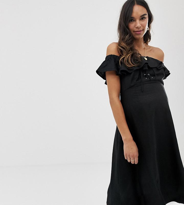 Asos Design Maternity Lace Up Off Shoulder Linen Midi Dress - Black
