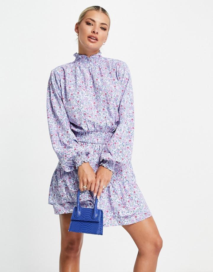 I Saw It First Long Sleeve Shirred Waist Mini Skater Dress In Blue Floral Print-multi