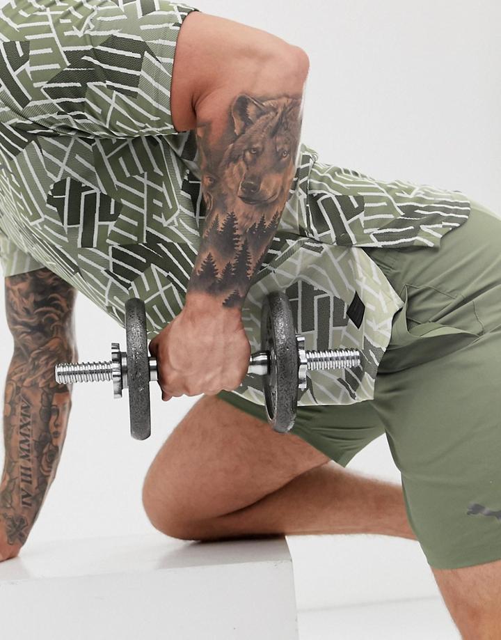 Puma Training All Over Logo Print T-shirt In Khaki - Green