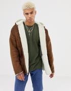 Asos Design Reversible Faux Shearling Jacket With Hood In Tan - Tan