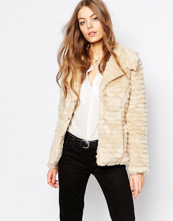 Brave Soul Cropped Faux Fur Jacket - Beige
