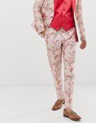 Asos Edition Skinny Suit Pants In Pink Floral Jacquard With Side Stripe - Pink