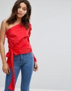 Miss Selfridge One Shoulder Tie Waist Blouse - Red