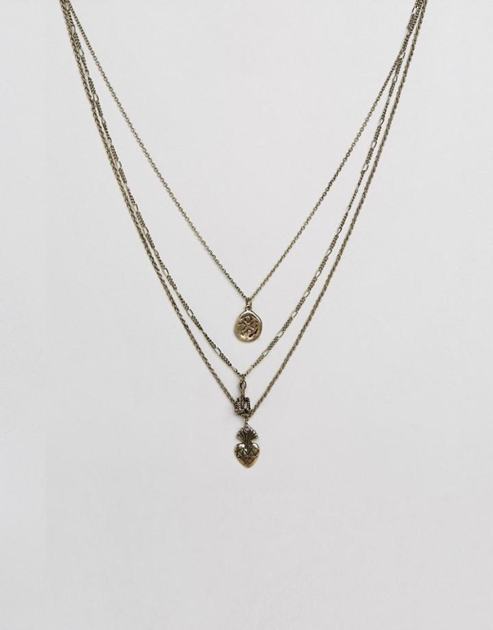 Asos Layered Necklace With Mixed Charms In Burnished Gold - Gold