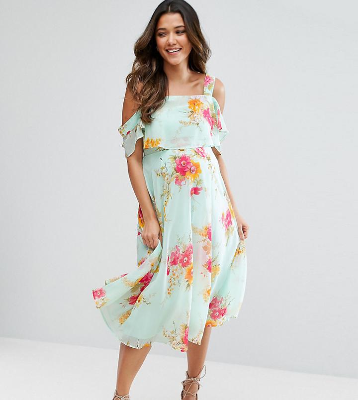 Asos Maternity Cami Cold Shoulder Flutter Sleeve Midi Dress In Floral Print - Multi