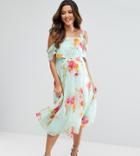 Asos Maternity Cami Cold Shoulder Flutter Sleeve Midi Dress In Floral Print - Multi