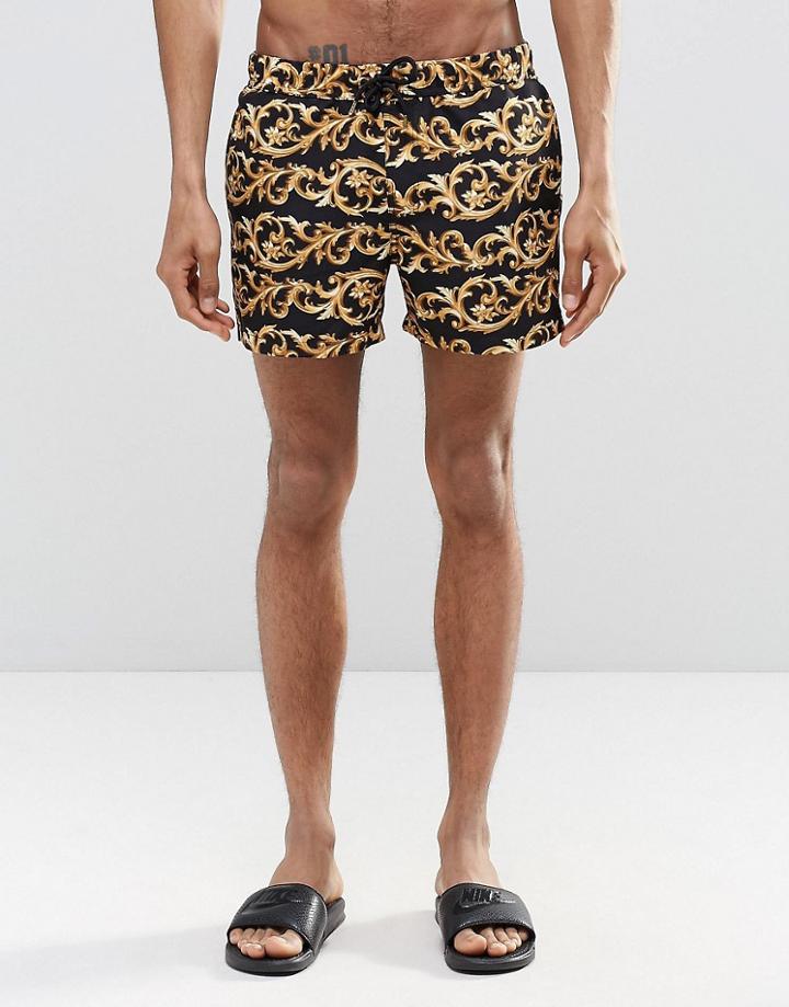 Asos Short Length Swim Shorts With Baroque Print & Gold Detail - Black